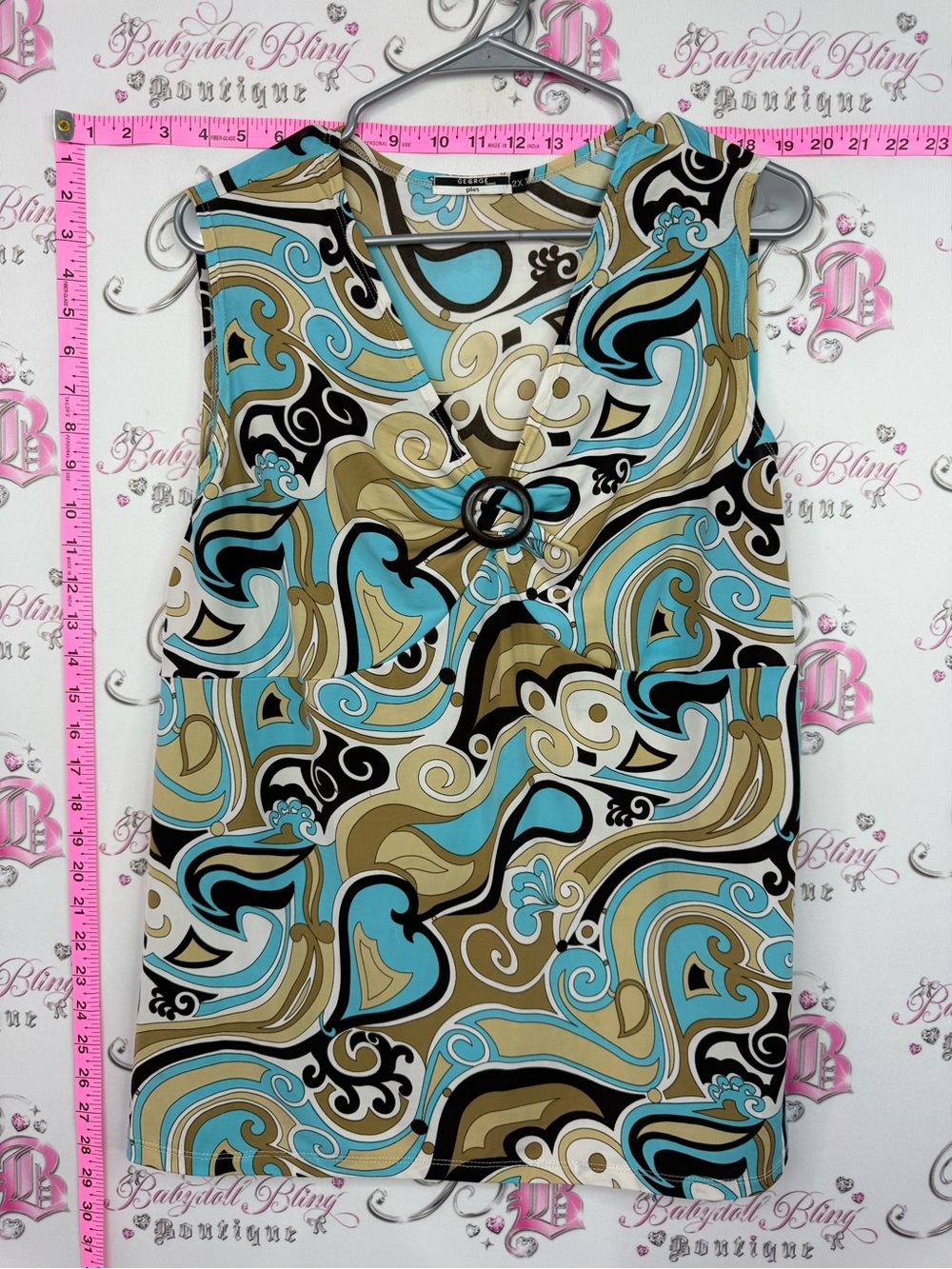George tank top shirt swirls Aqua, Tan & Black Swirl Ring-Accent Tank Top